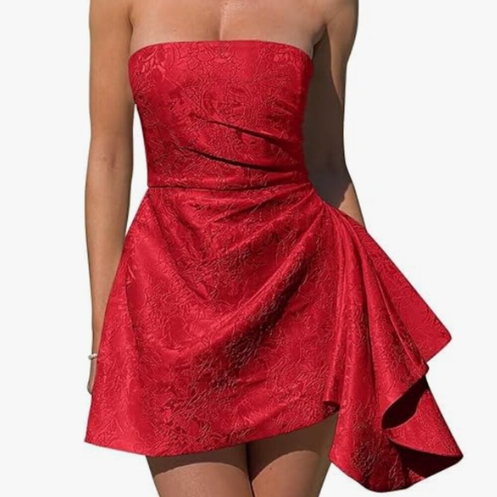 Red Smileven Jacquard Satin Strapless Short Homecoming Dress